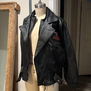 Black Leather Indian Biker Jacket with Red Patch Detail